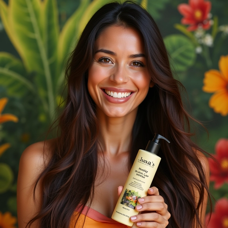 Mulher brasileira sorrindo com cabelos saudáveis usando produtos Luna.