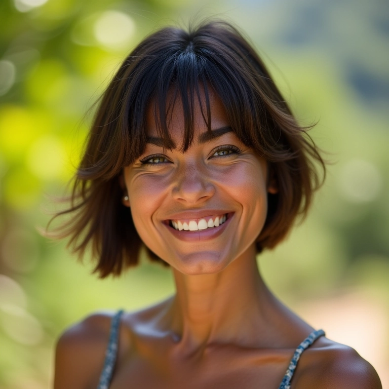 Mulher brasileira sorrindo com corte de cabelo curto em camadas.