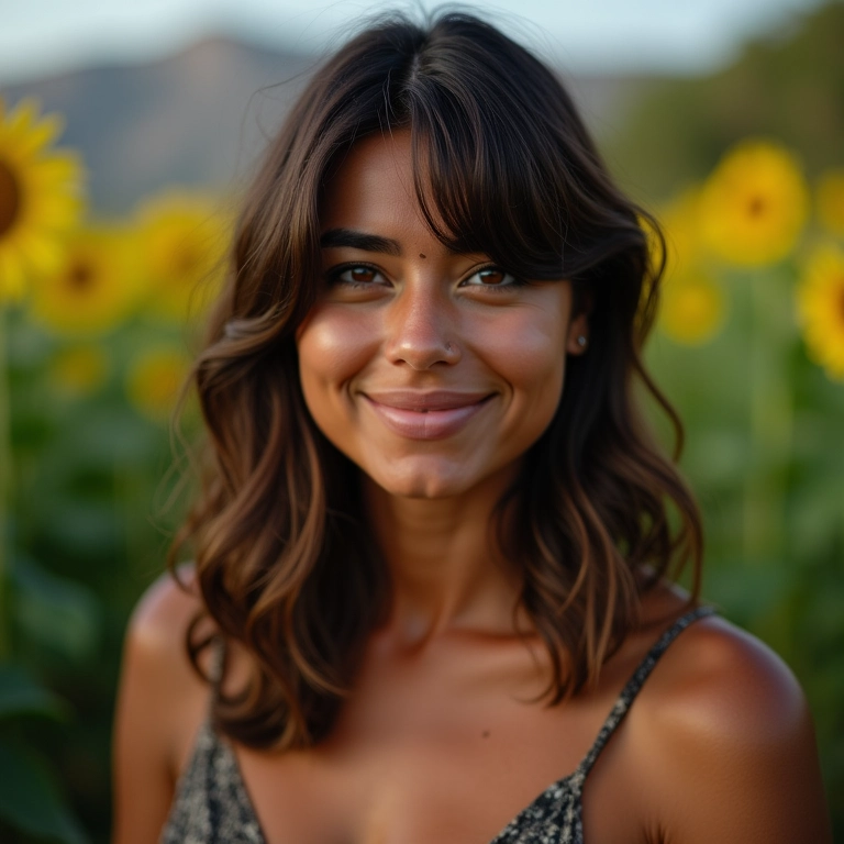 Mulher brasileira sorrindo com corte de cabelo degradê.