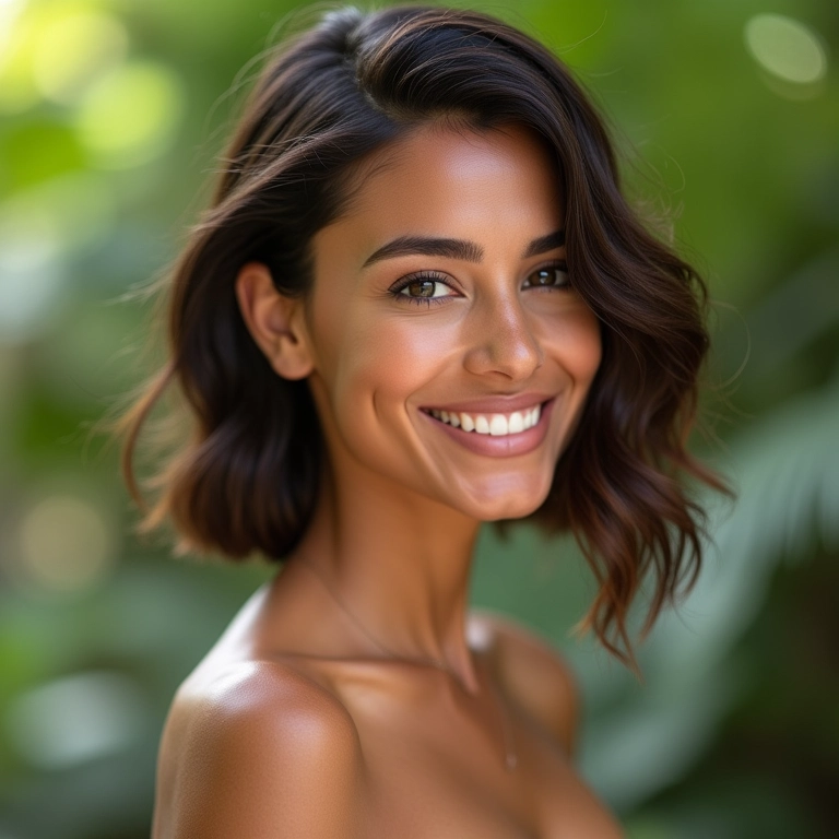 Mulher brasileira sorrindo com corte de cabelo em V impecável.