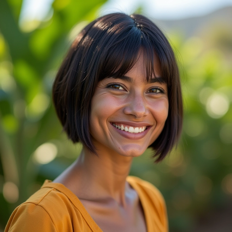 Mulher brasileira sorrindo com corte de cabelo ideal para rosto redondo.