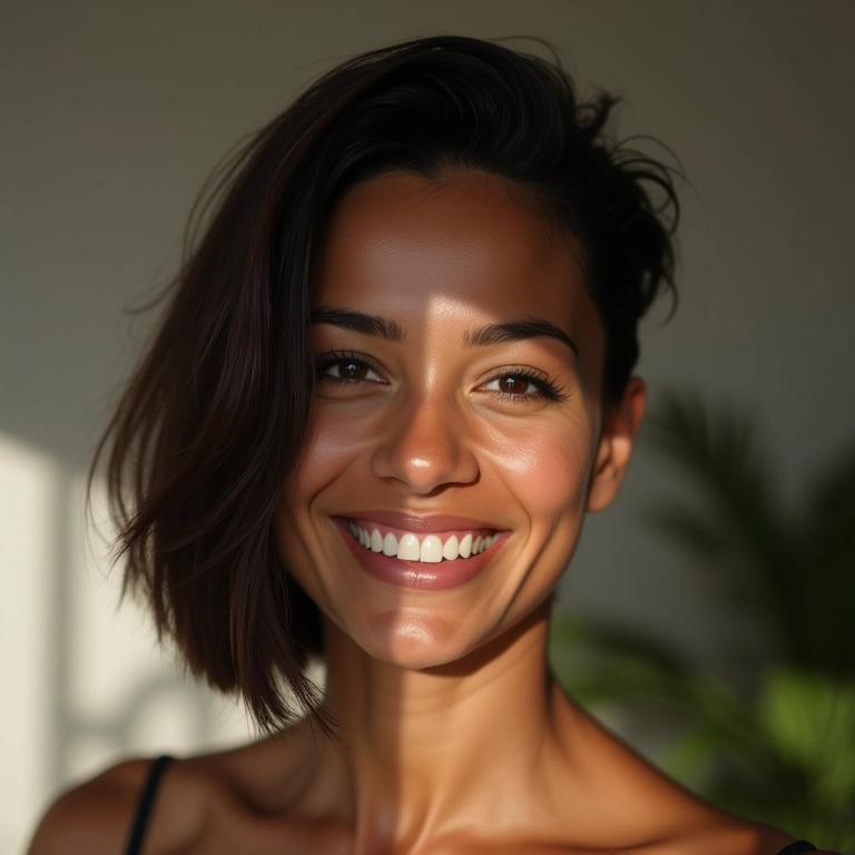 Mulher brasileira sorrindo com corte de cabelo ideal para rosto redondo.