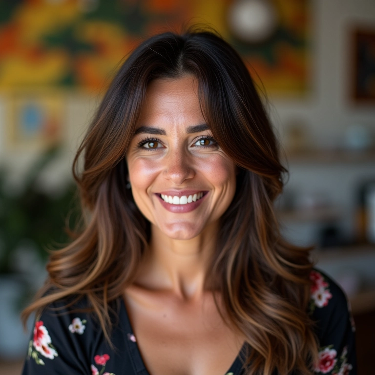 Mulher brasileira sorrindo com corte em degradê em salão de beleza vibrante no Rio de Janeiro.