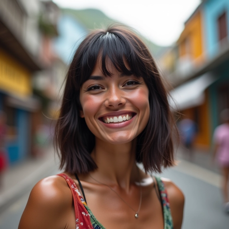 Mulher brasileira sorrindo com corte long bob moderno em rua do Rio de Janeiro.