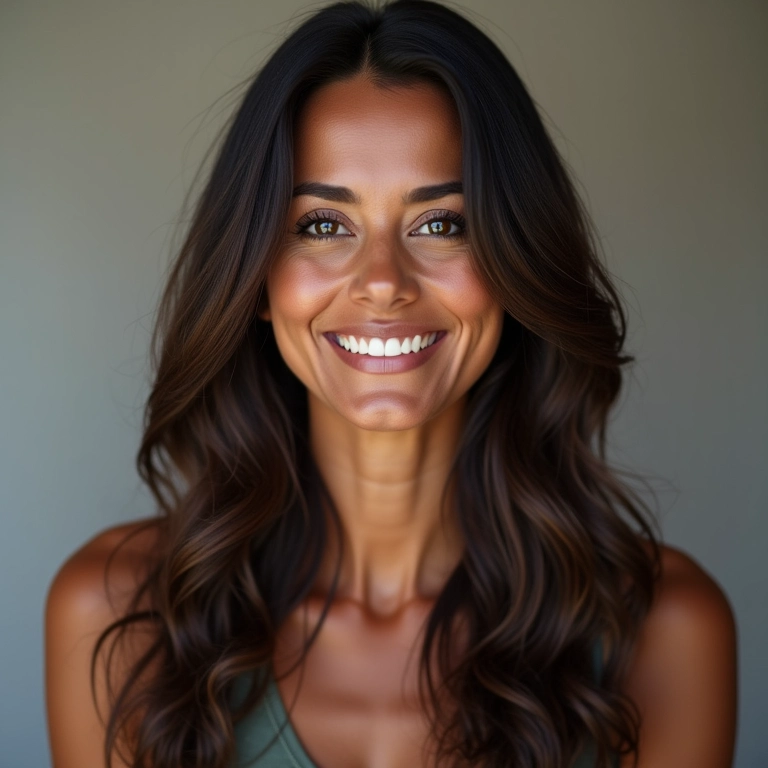 Mulher brasileira sorrindo com diferentes cortes de cabelo ideais para rosto oval.