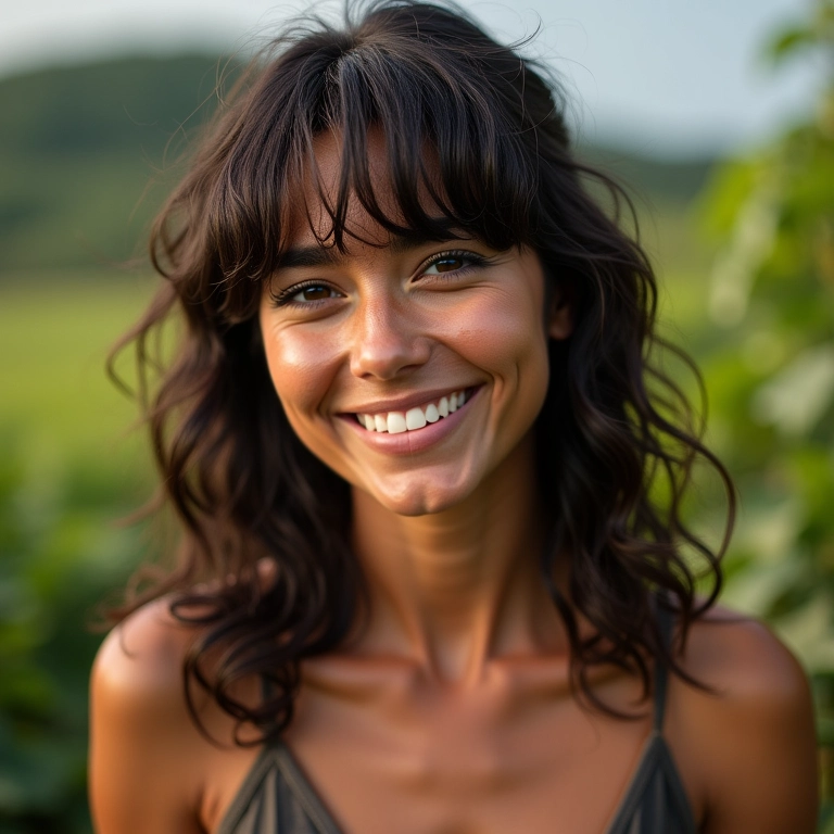 Mulher brasileira sorrindo com franja volumosa e bem cuidada.