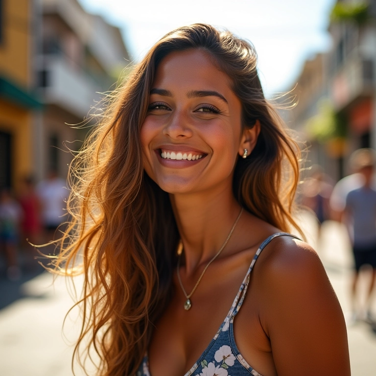 Mulher brasileira sorrindo com longos cabelos e luzes em rua vibrante do Rio de Janeiro.