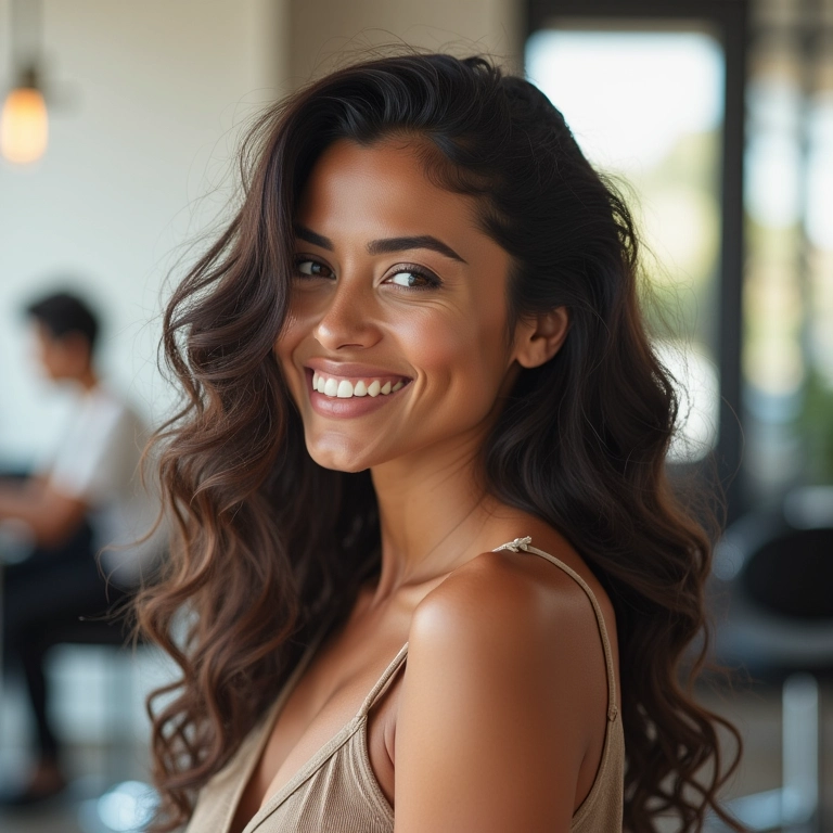 Mulher brasileira sorrindo, mostrando diversos cortes de cabelo modernos em um salão bem iluminado.
