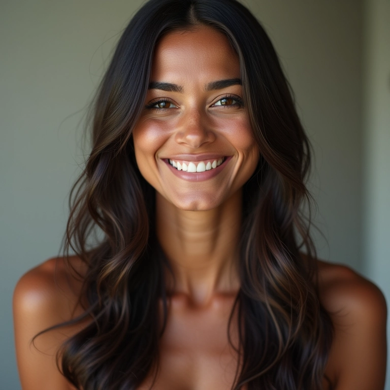 Mulher brasileira sorrindo, mostrando diversos cortes de cabelo liso.