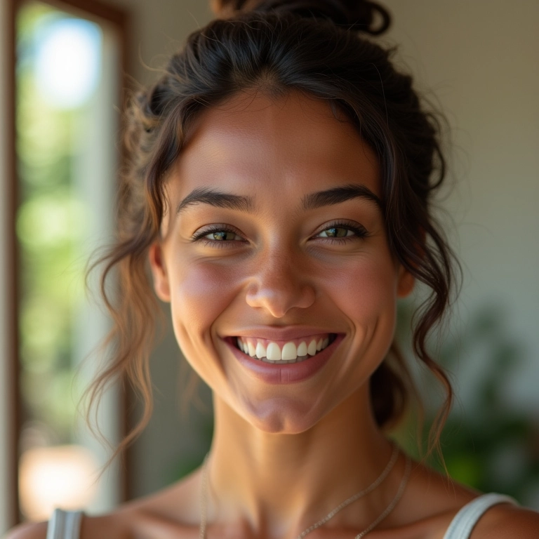 Mulher brasileira sorrindo, mostrando diversos penteados rápidos.