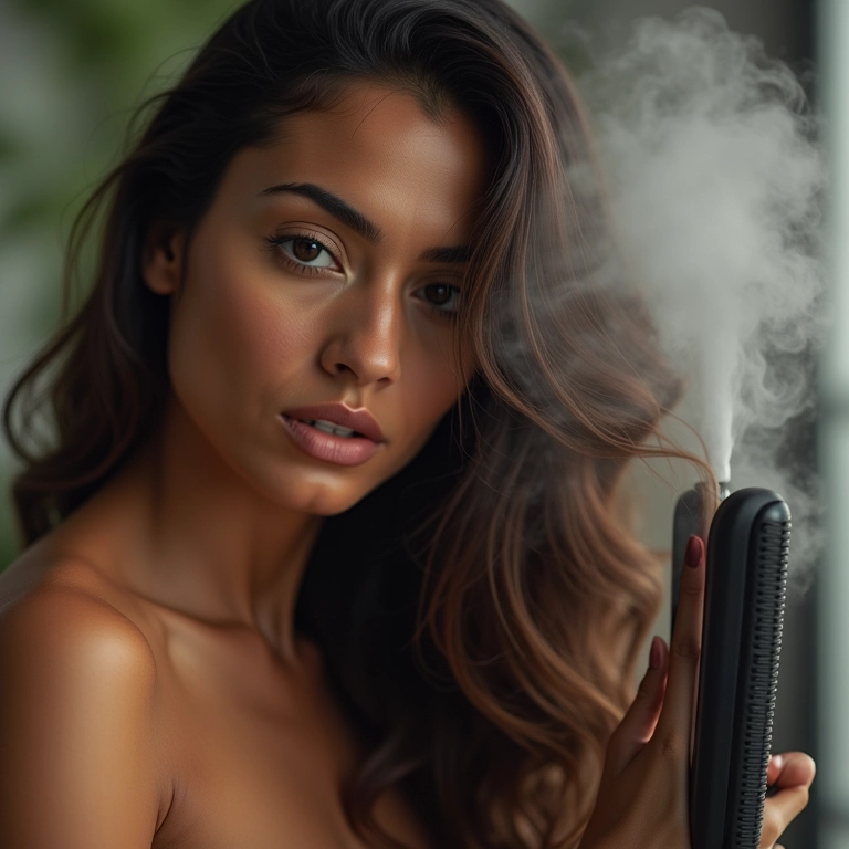 Mulher brasileira usando chapinha no cabelo, com vapor visível indicando dano por calor.