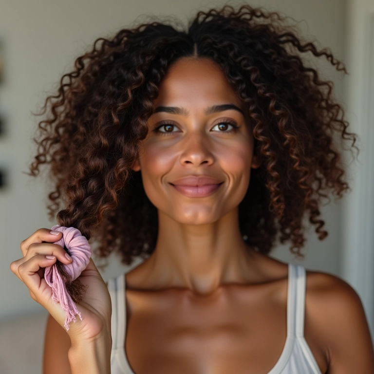 Mulher cacheada segurando scrunchie ideal para cabelos crespos.