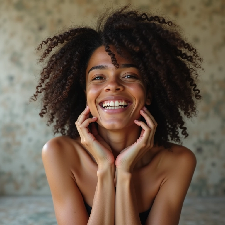 Mulher cacheada sorrindo, satisfeita com os resultados do co wash.