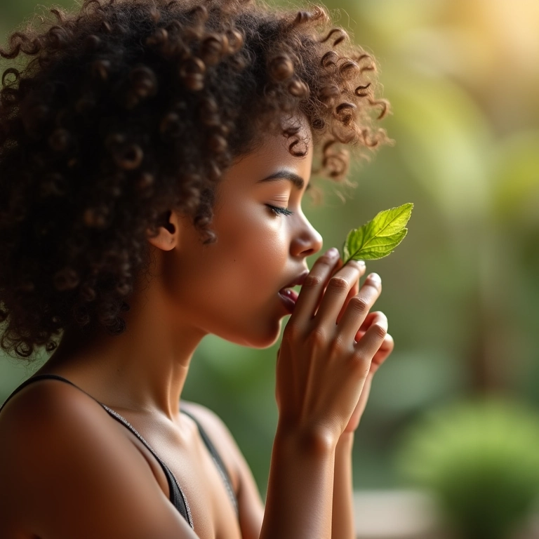 Mulher cheirando leave-in com fragrância suave.