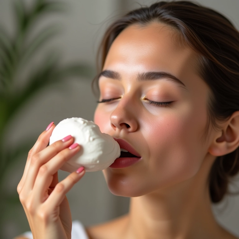 Mulher cheirando mousse para cabelo cacheado, apreciando a fragrância.