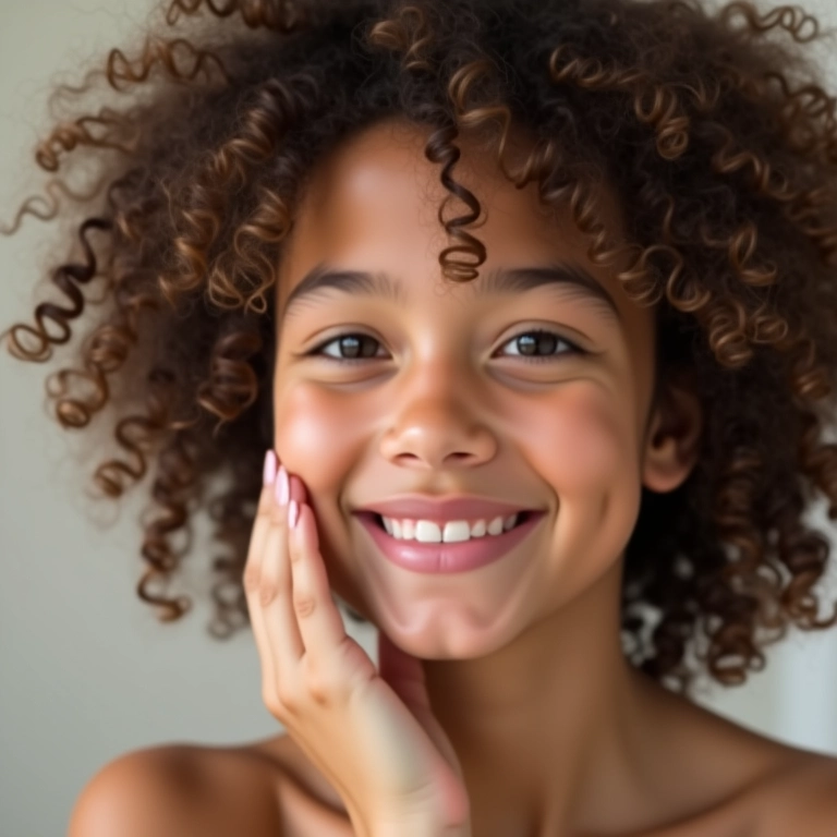Mulher cheirando seus cabelos cacheados após aplicar gelée com fragrância suave.