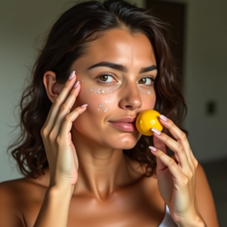 Mulher clareando manchas com suco de limão.