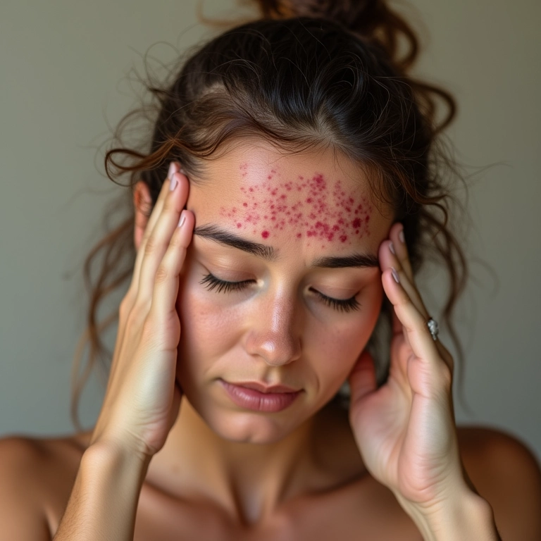 Mulher coçando o couro cabeludo com vermelhidão e caspa, indicando dermatite seborreica.