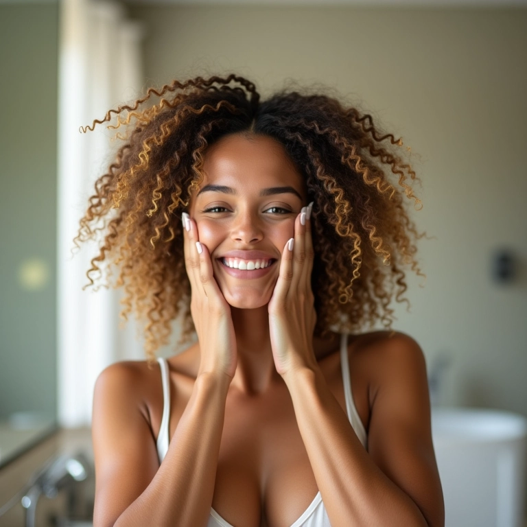 Mulher com alergia usando shampoo sem sulfato, uma alternativa segura.
