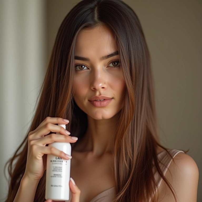 Mulher com cabelo alisado aplicando produto acidificante para reconstrução.