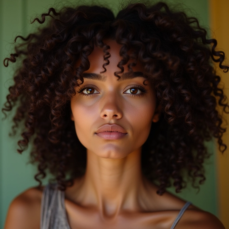 Mulher com cabelo cacheado definido usando gel capilar.