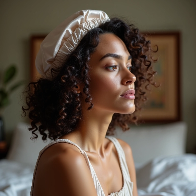 Mulher com cabelo cacheado usando touca de cetim para texturização noturna e um cabelo perfeito no dia seguinte.