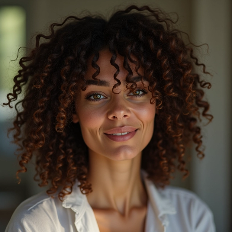 Mulher com cabelo cacheado usando tratamento acidificante para definir os cachos.