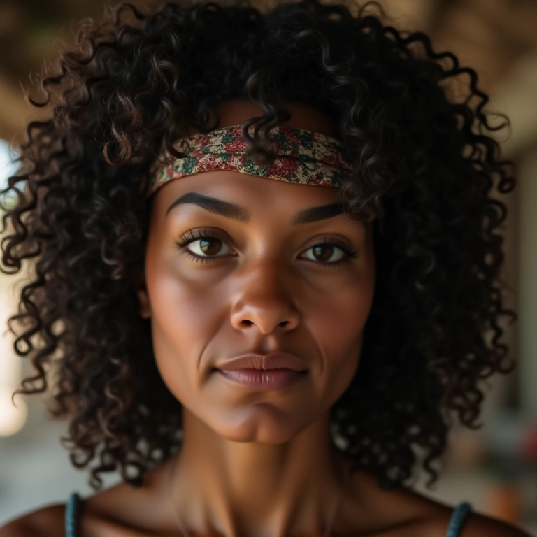 Mulher com cabelo cacheado usando um elástico revestido de tecido.
