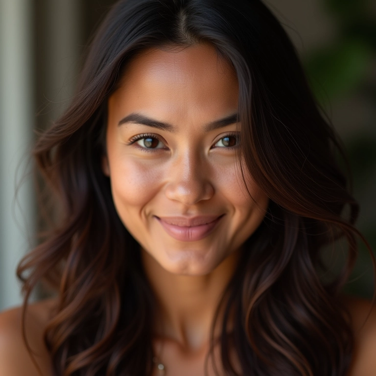 Mulher com cabelo castanho escuro brilhante, cor realçada por Casting Creme Gloss.