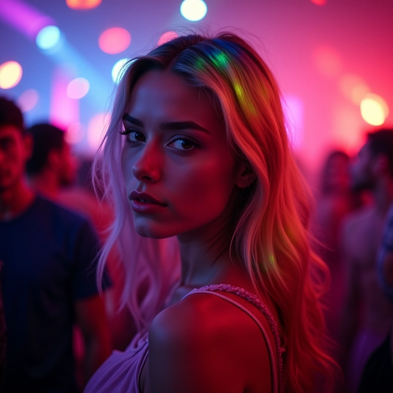 Mulher com cabelo colorido em festa com luzes vibrantes.