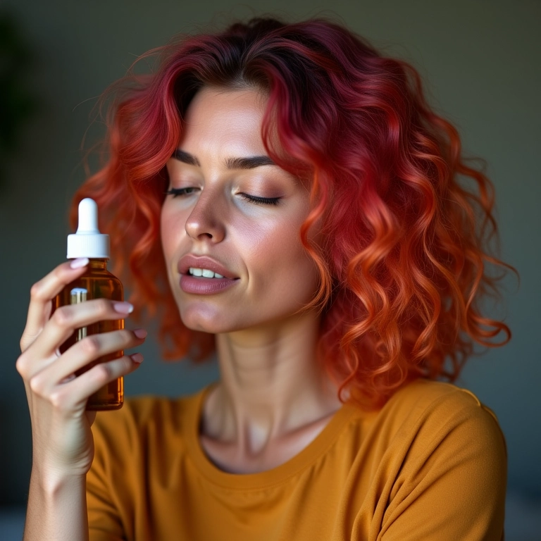 Mulher com cabelo colorido vibrante aplicando óleo de argan para manter a cor.
