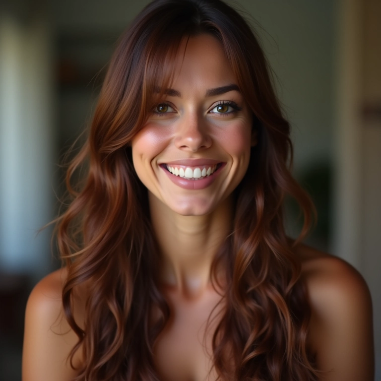 Mulher com cabelo extremamente brilhante após uso de ampola capilar.