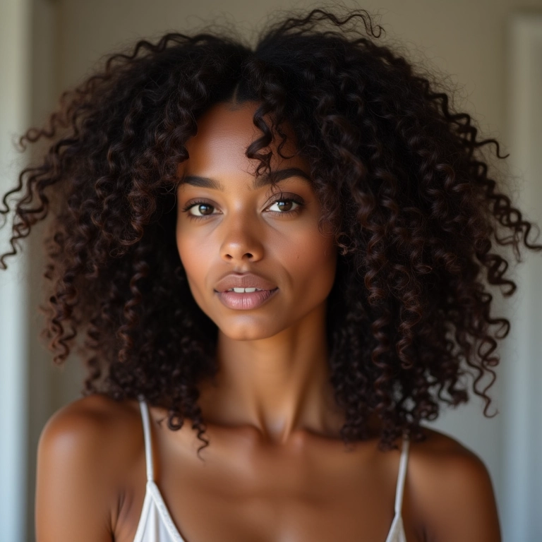 Mulher com cabelo grosso cacheado usando creme finalizador.