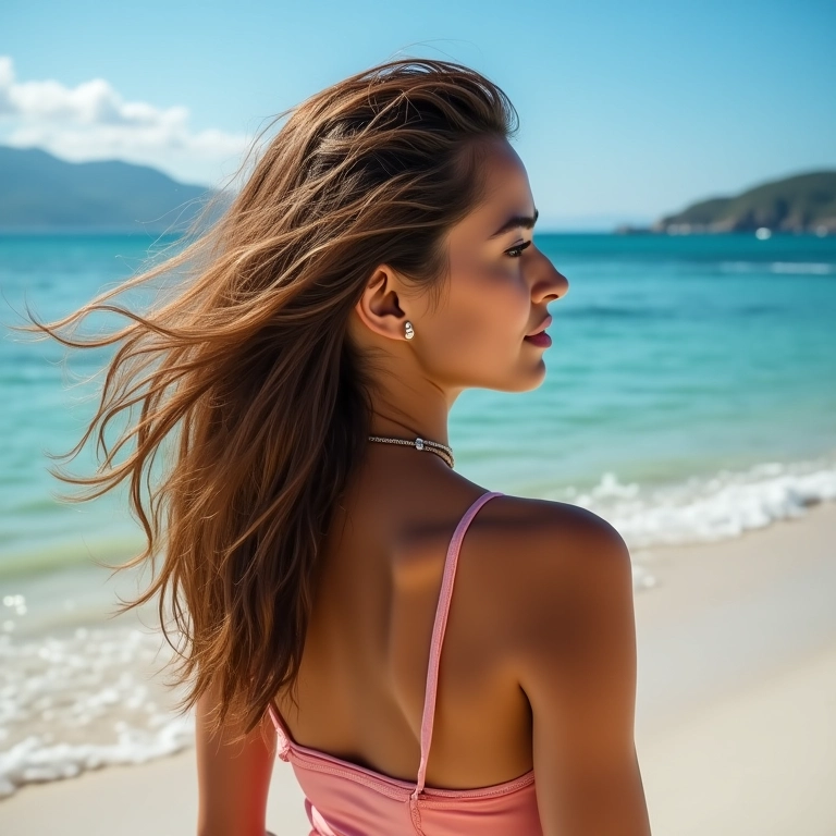 Mulher com cabelo grosso na praia, usando finalizador para praia e piscina.