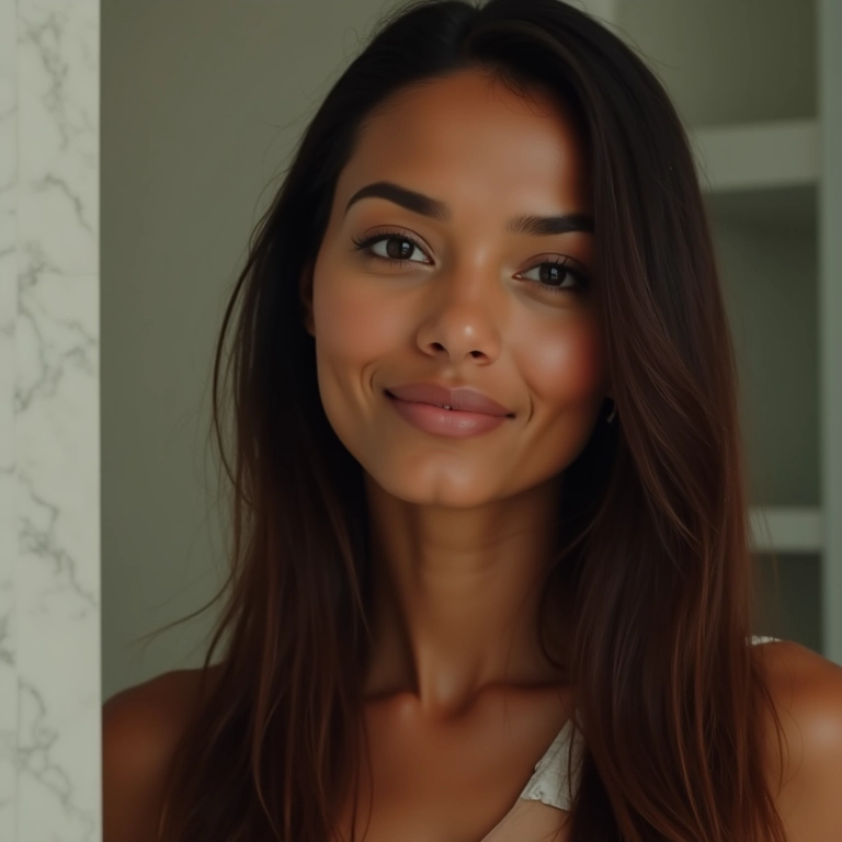 Mulher com cabelo liso e brilhante usando Elseve Quera-Liso.