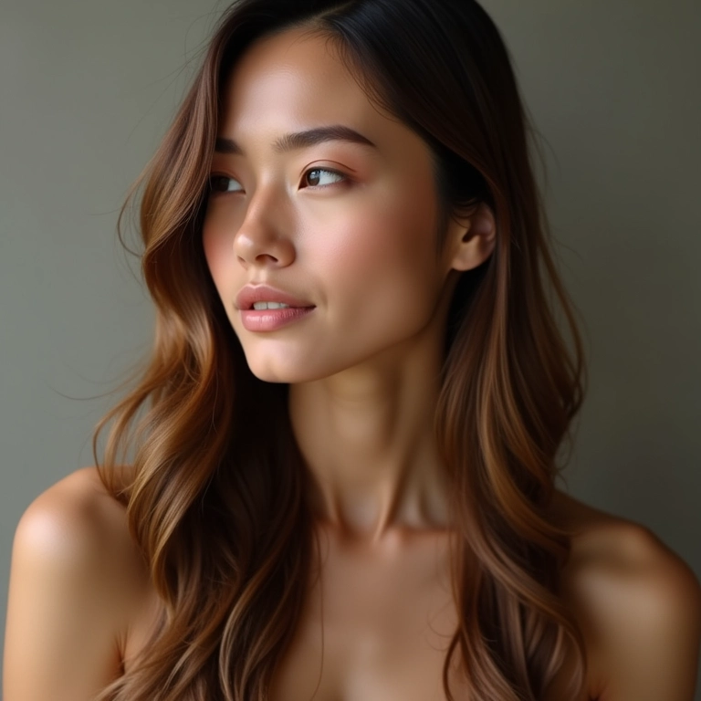 Mulher com cabelo liso e brilhante usando óleo de argan.