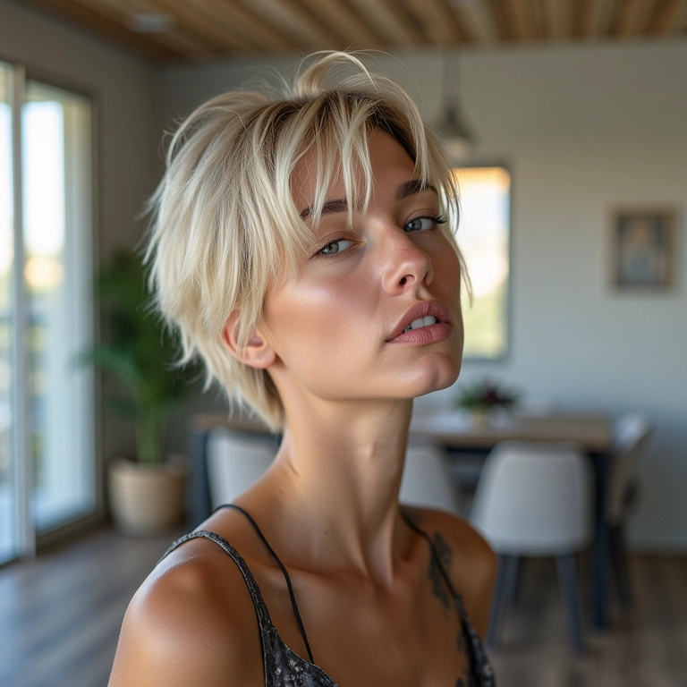 Mulher com cabelo loiro champagne acinzentado em loft moderno.