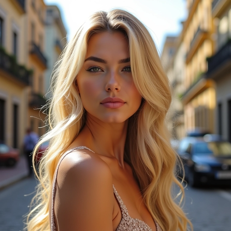 Mulher com cabelo loiro champagne com mechas na rua.