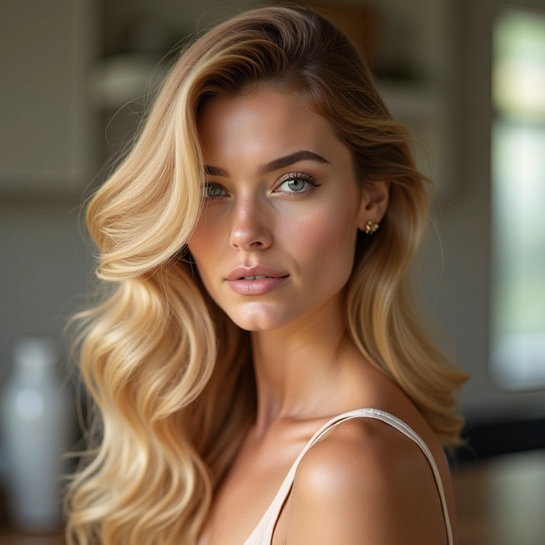 Mulher com cabelo loiro champagne dourado em casa elegante.