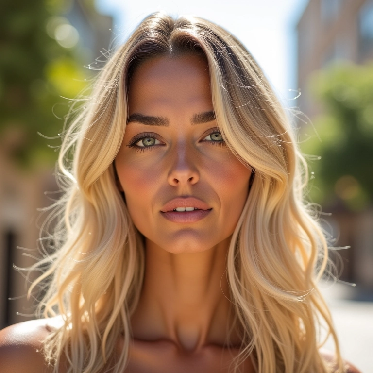 Mulher com cabelo loiro champagne ombré hair em ambiente externo.