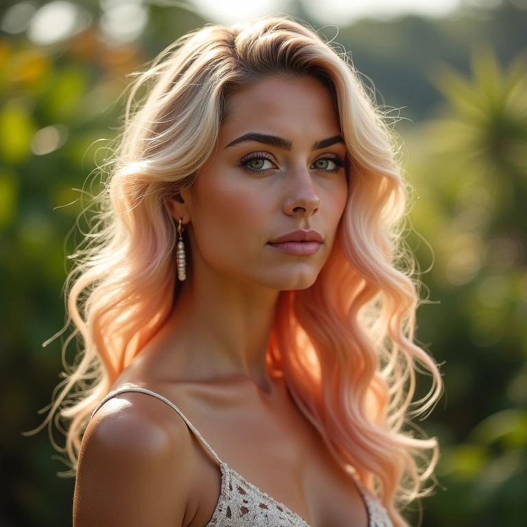 Mulher com cabelo loiro champagne rosé em jardim brasileiro.