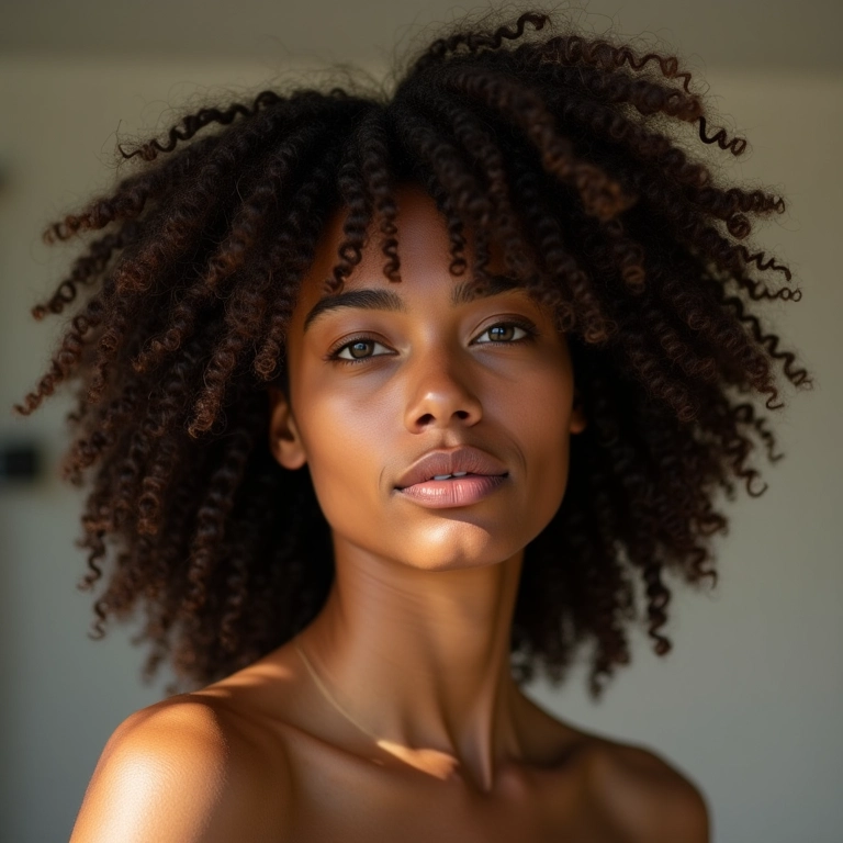 Mulher com cabelo natural evitando químicas agressivas.