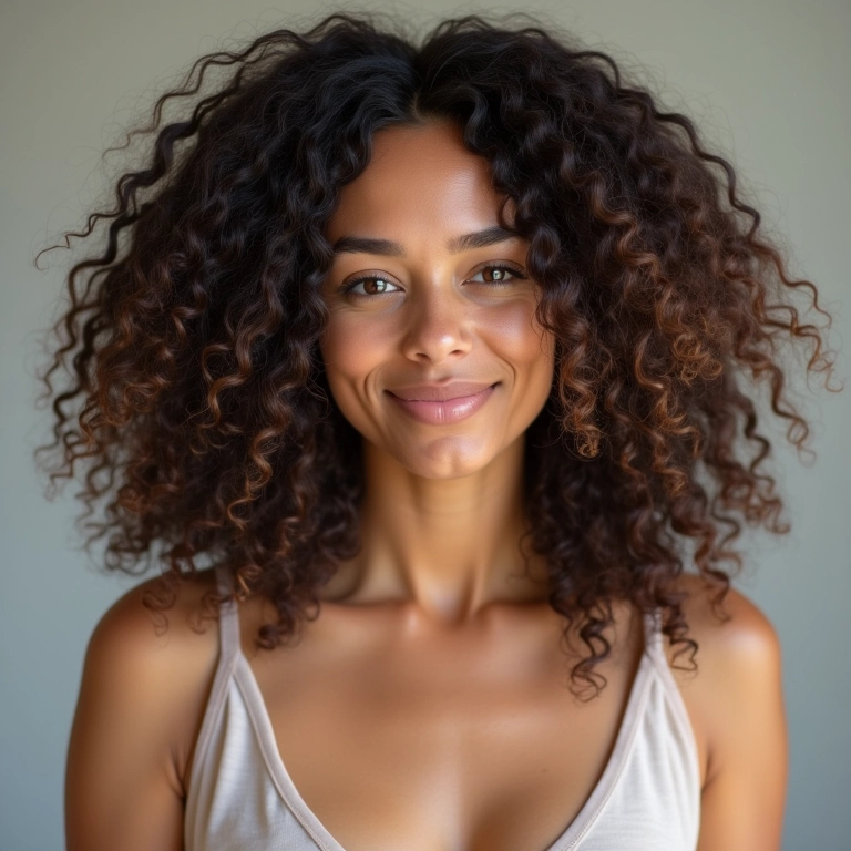 Mulher com cabelo natural, sem usar chapinha.