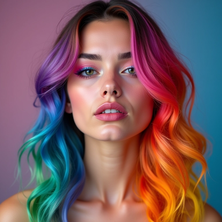 Mulher com cabelo ombré colorido fantasia e maquiagem criativa.