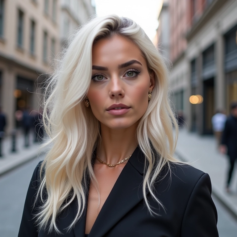 Mulher com cabelo ombré loiro platinado e look moderno.