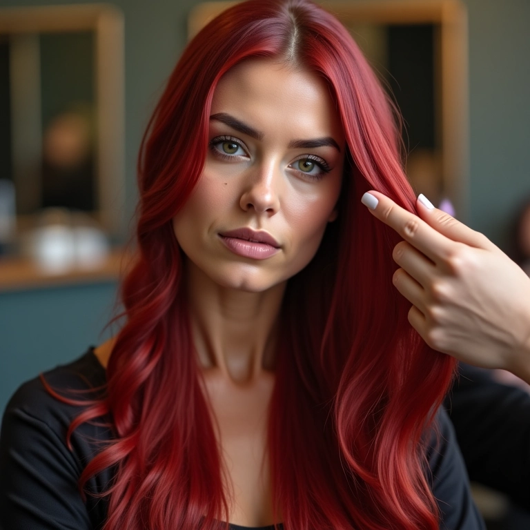Mulher com cabelo ruivo cereja recebendo tratamento de hidratação.