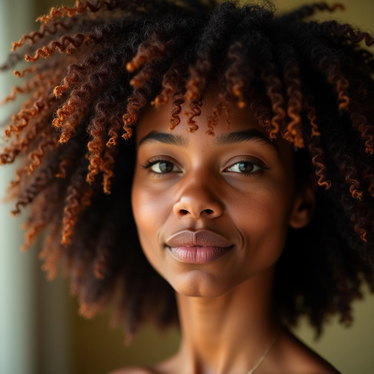 Mulher com cabelo saudável e couro cabeludo radiante.