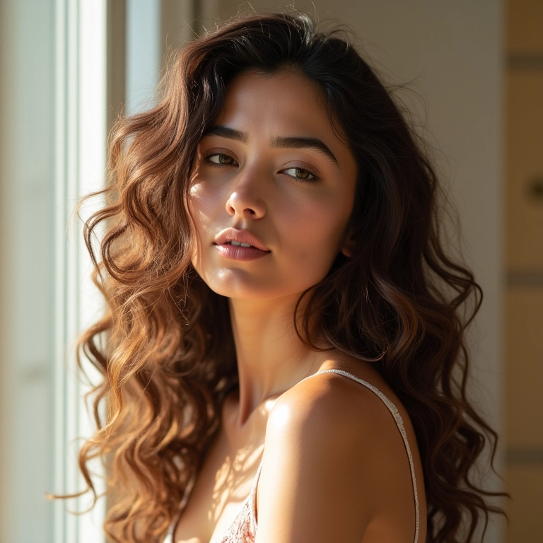 Mulher com cabelo sem frizz, usando óleo de argan.