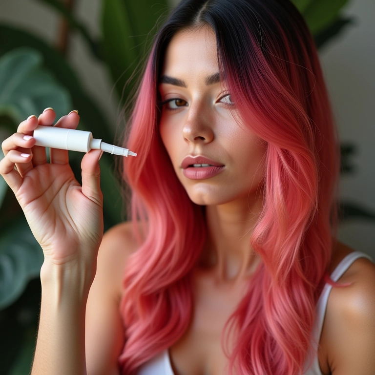 Mulher com cabelo tingido aplicando sérum capilar para prolongar a cor.
