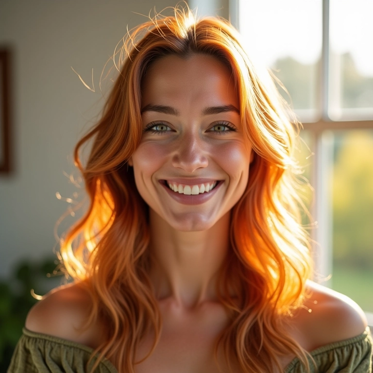 Mulher com cabelo tingido organicamente em casa ensolarada.